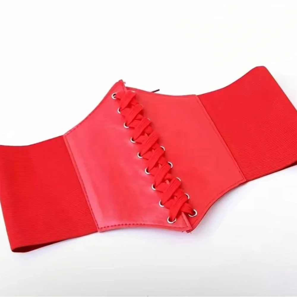 Corset Style Wide Girdle Red Fashion Elastic‎ Faux Leather Skinny Elastic Belt